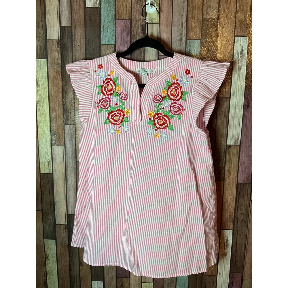 Pink White Striped Ruffled Sleeve Top Floral Embroidery Women’s Size Small EUC